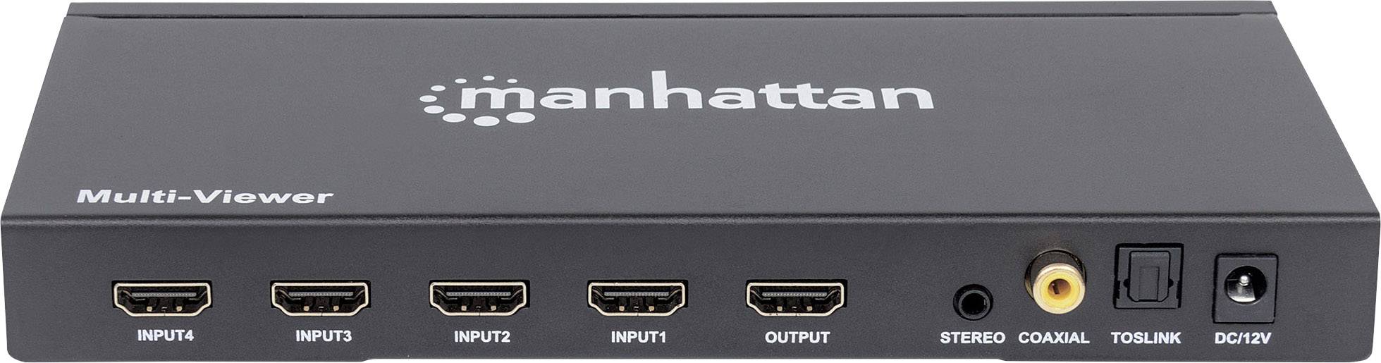 Wielowejściowe urządzenie Manhattan z czterema wejściami HDMI, jednym wyjściem HDMI, złączami stereo, koncentrycznymi i TOSLINK.