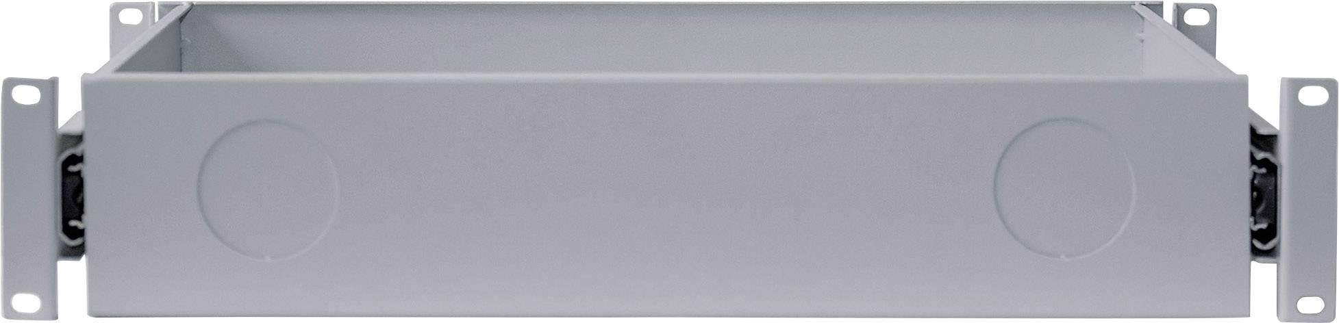 Szara szuflada lub skrzynka z okrągłymi otworami na przedniej ścianie, przeznaczona do zabudowy w systemie regałowym lub szafce.