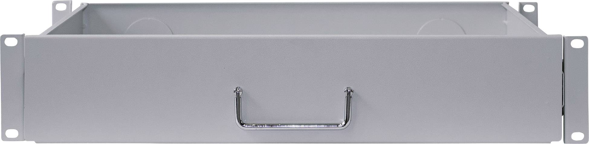 Szara metalowa szuflada lakierowana z uchwytem, nadająca się do montażu w szafie 19-calowej, widok z przodu.