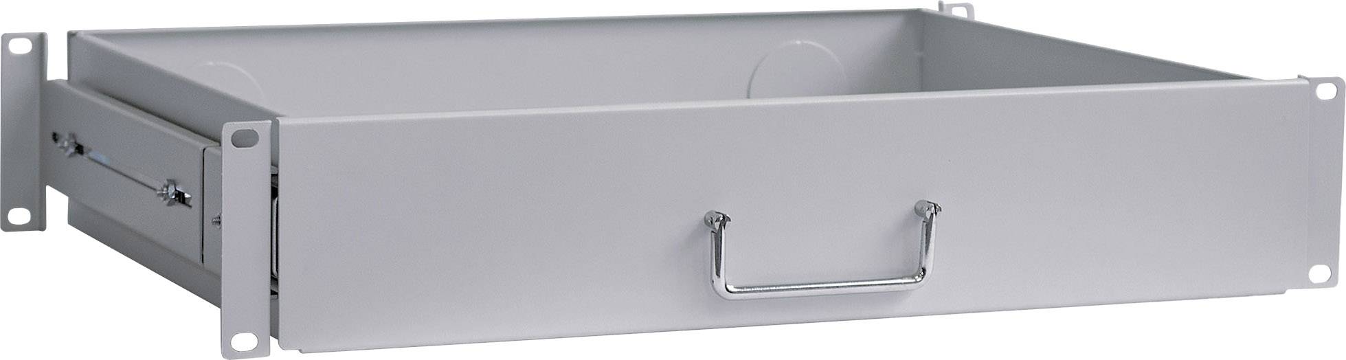 Metalowa szuflada do montażu w szafie rack z uchwytem z przodu, przeznaczona do przechowywania urządzeń lub akcesoriów w środowiskach serwerowych.