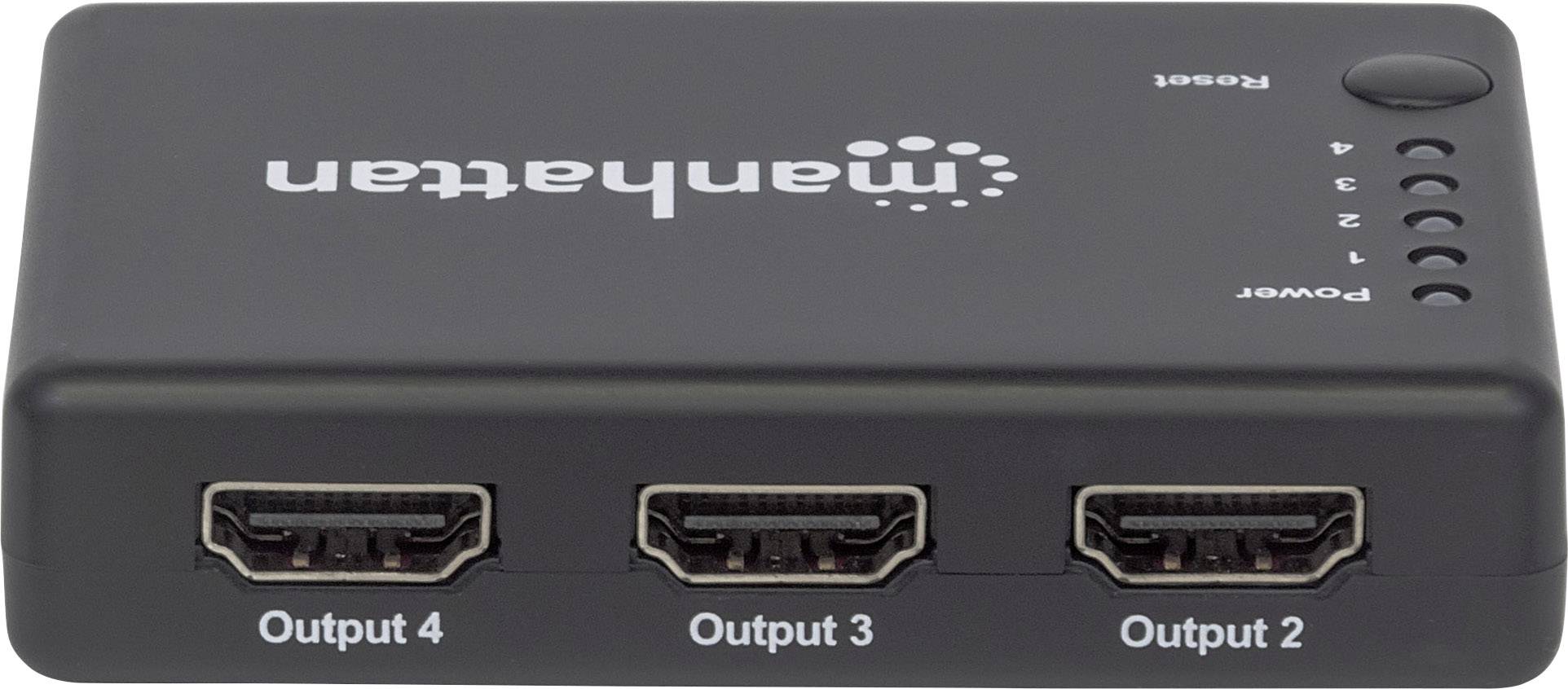 Czarny rozdzielacz HDMI z czterema wyjściami, oznaczony napisami 'Output 2', 'Output 3', 'Output 4' oraz przyciskiem zasilania.