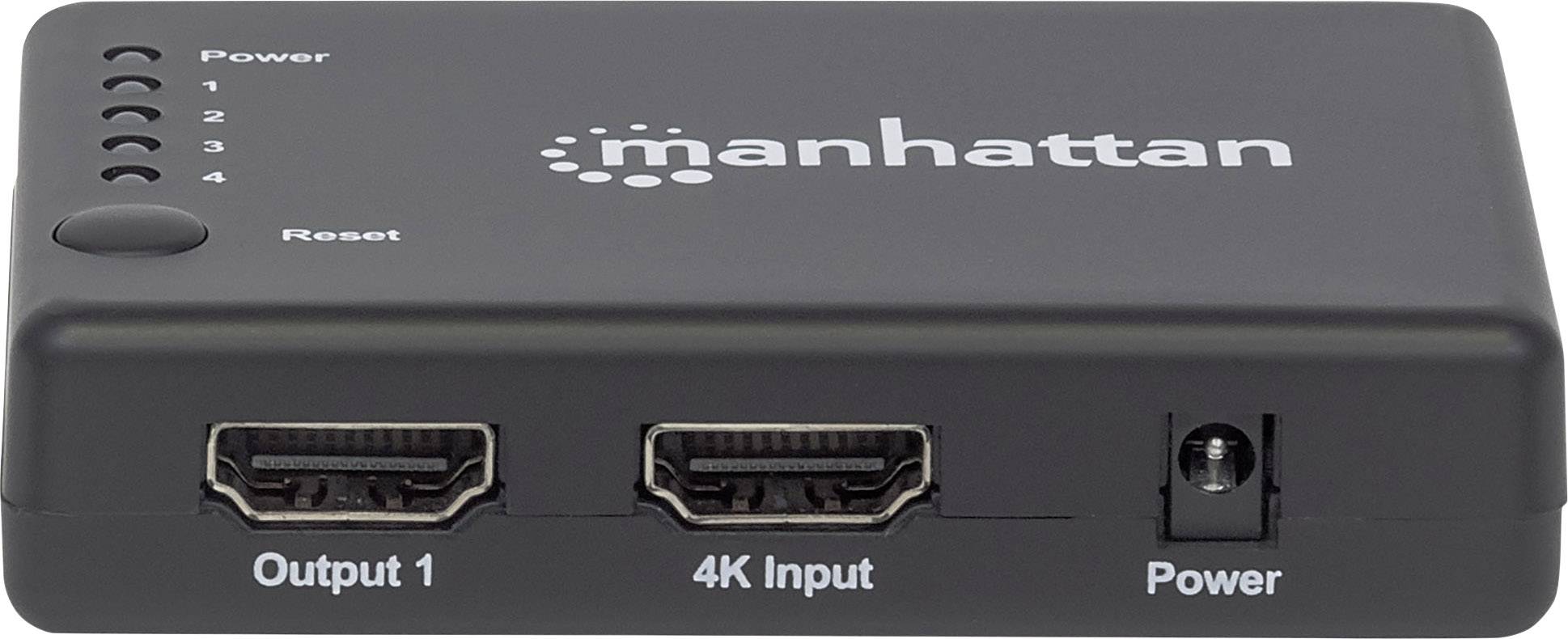 Przełącznik HDMI Manhattan z czterema diodami LED dla wejść, przyciskiem resetowania oraz złączami dla dwóch wyjść, wejścia 4K i zasilania.