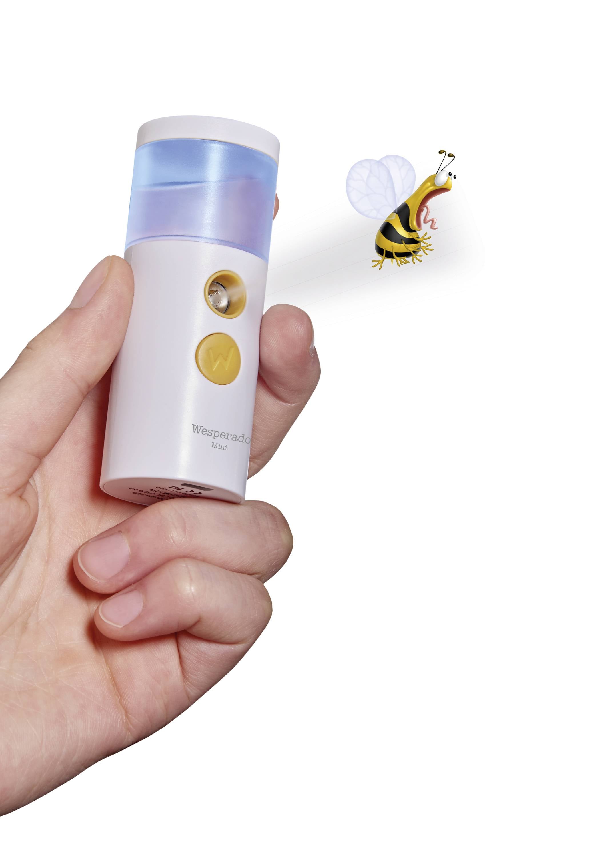 Jedna ręka trzyma białe, cylindryczne urządzenie z żółtym przyciskiem i symbolem owada. Obok narysowany jest owad.