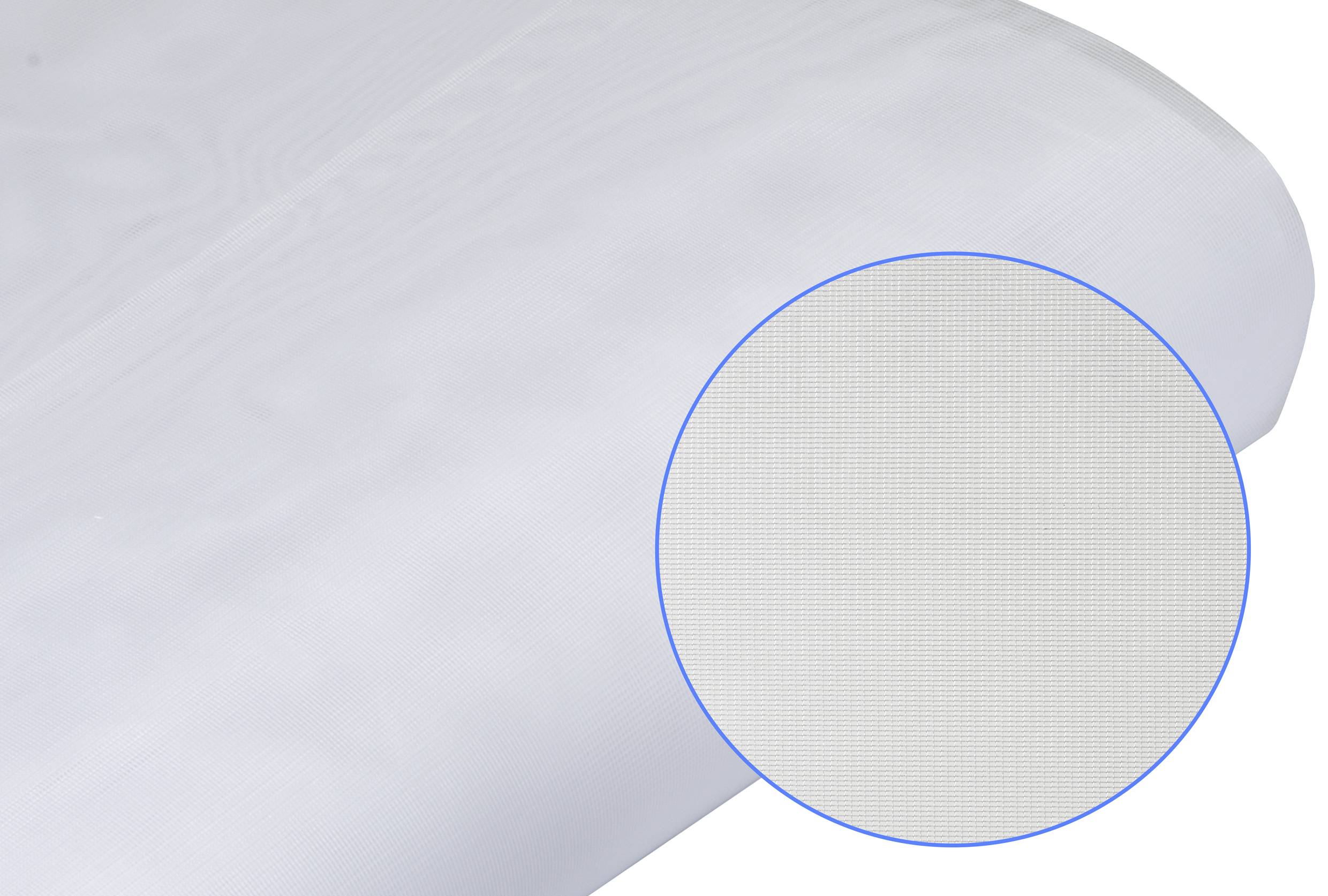 Biała, teksturowana folia jest rozłożona płasko. Powiększony fragment ukazuje drobny wzór siatkowy materiału.