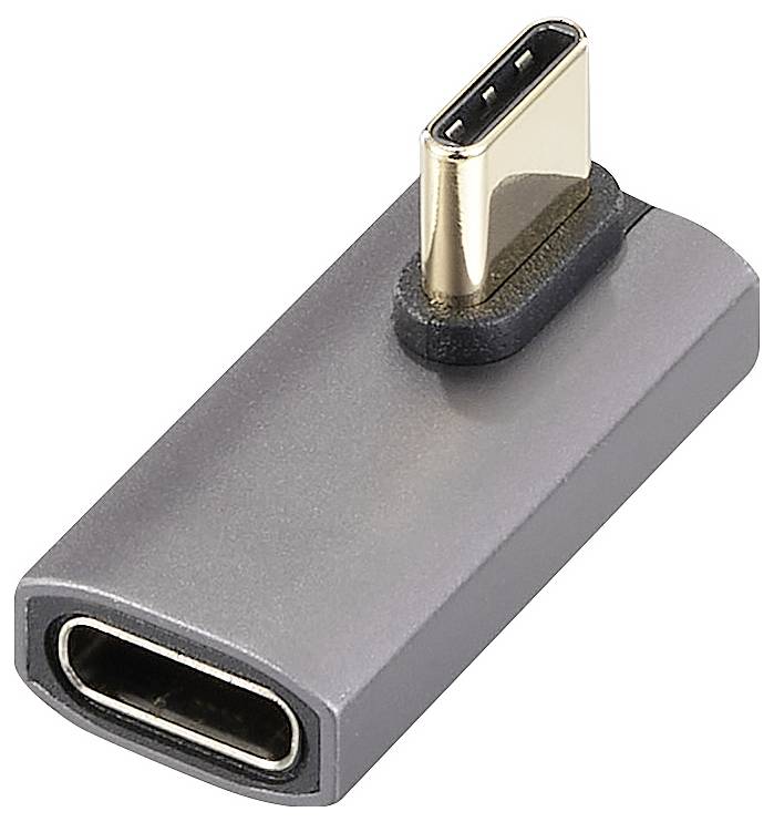 Adapter USB-C z metaliczną powierzchnią, który umożliwia połączenie między wtyczką USB-C a gniazdem USB-C.