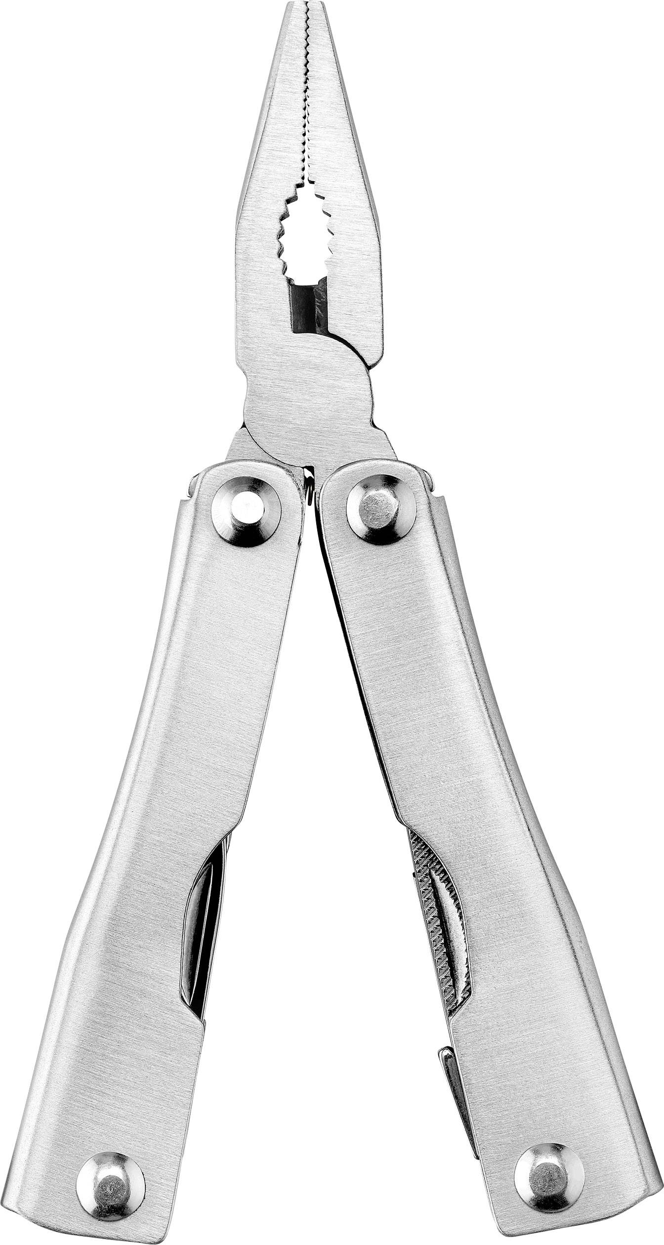 Srebrne wielofunkcyjne narzędzie z szczypcami, otwarte i stojące pionowo, prezentuje dwa składane uchwyty z przyborami.