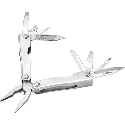 Srebrne multitool z rozłożonymi narzędziami, takimi jak szczypce, nóż, pilnik i śrubokręt, na białym tle.