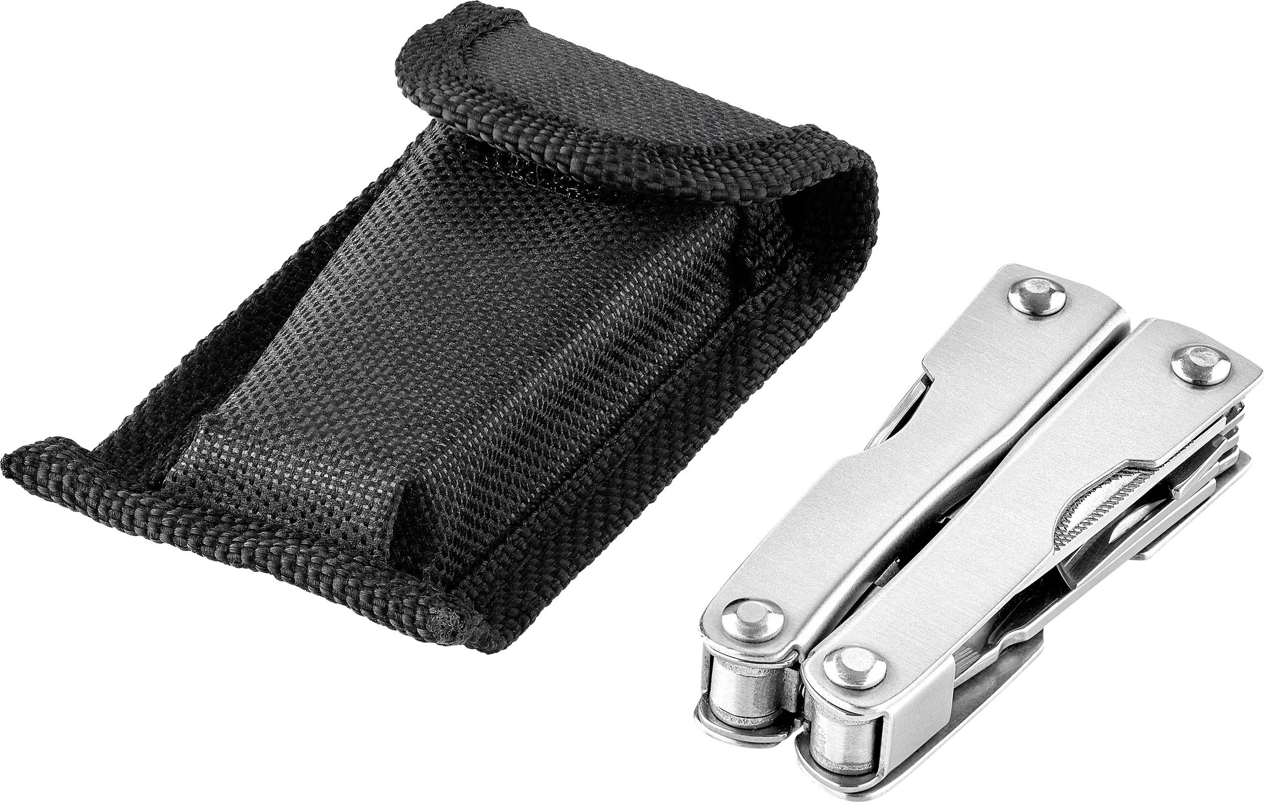 Wielofunkcyjne narzędzie metalowe, złożone, obok czarnej torby nylonowej.