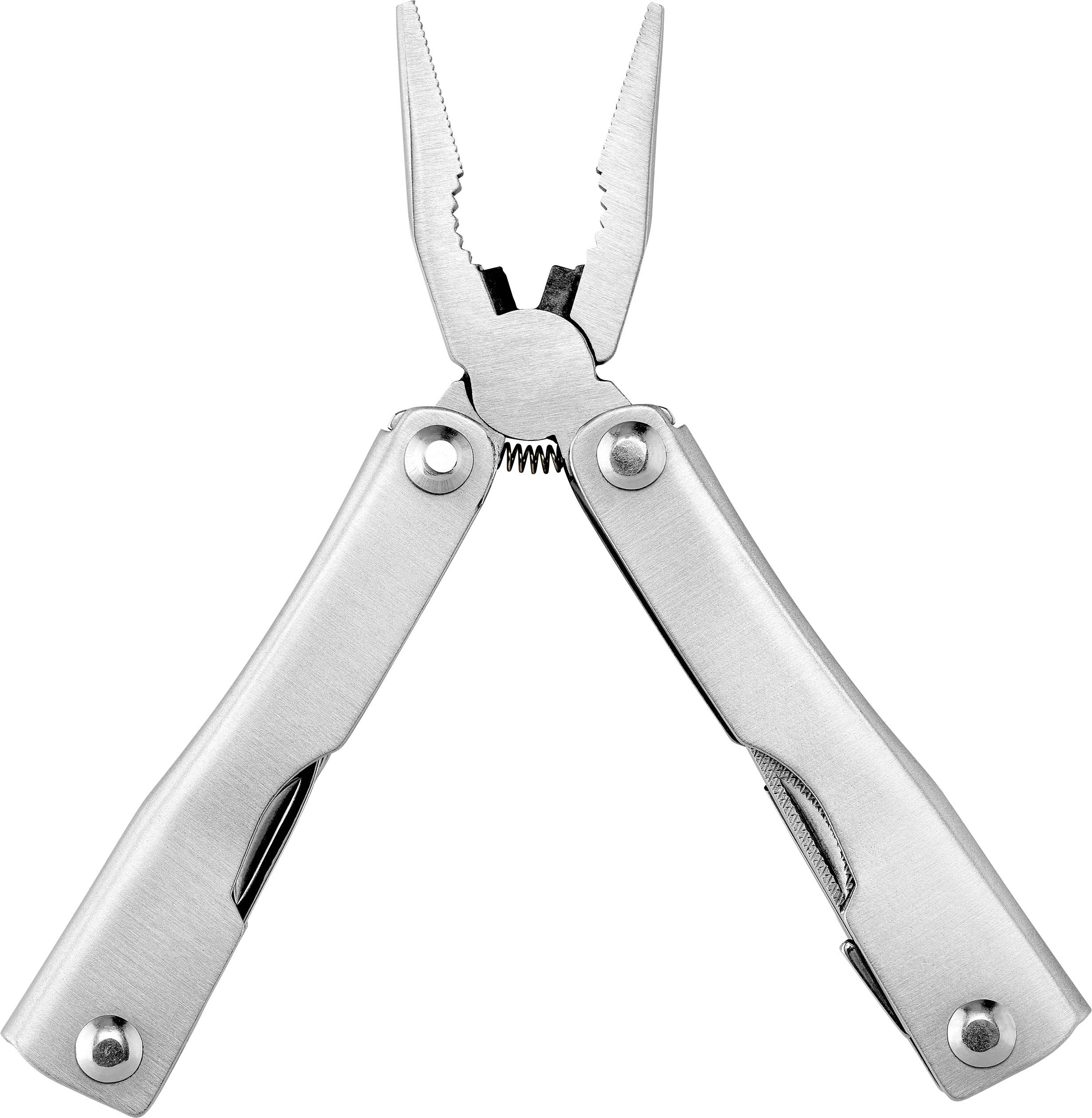 Srebrny multitool z rozłożonymi szczypcami i składanymi narzędziami, oferujący wszechstronne funkcje do napraw i aktywności na świeżym powietrzu.
