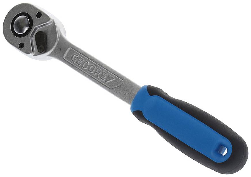 Niebieski i czarny klucz nastawny z mechanizmem grzechotki, przeznaczony do prac mechanicznych. Na rękojeści widoczna nazwa marki 'Gedore'.
