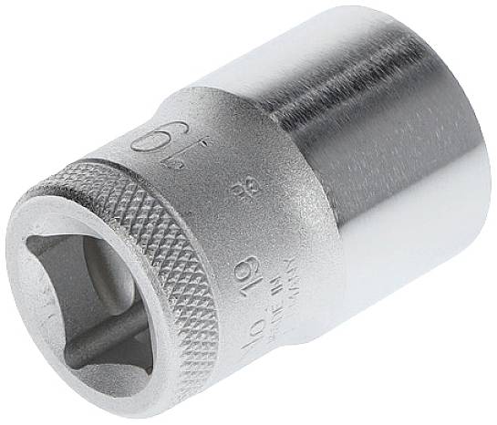 Metalowa nasadka z karbowanym uchwytem i sześciokątnym otworem, odpowiednia dla śrub z łbem o średnicy 19 mm.