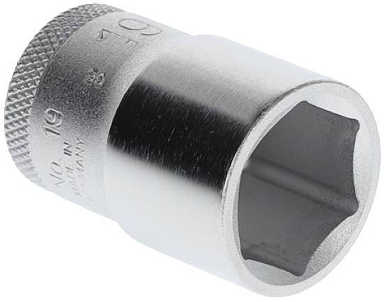 Srebrna nakrętka sześciokątna o rozmiarze 19 mm, wykonana z metalu, stosowana w pracach ślusarskich i mocowaniach.