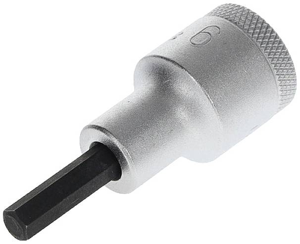 Bit wkrętakowy metalowy z wyprofilowanym uchwytem, przeznaczony do stosowania z kluczem nasadowym podczas montażu lub demontażu.