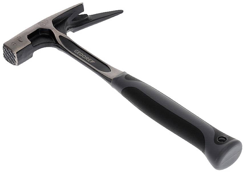 Młotek ślusarski z czarną rękojeścią i metalową główką, na jasnym tle.