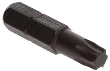 Ciemny bit do wkrętaka Torx o profilu sześciozębnym; nadaje się do użycia z wkrętakiem ręcznym lub akumulatorowym.