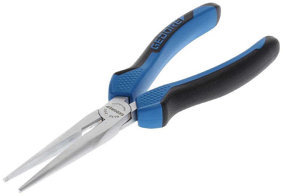 Długie, wąskie szczypce z niebieskimi i czarnymi uchwytami. Są często używane do chwytania lub trzymania małych przedmiotów.