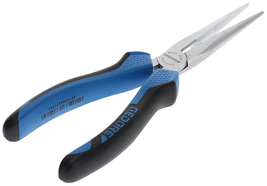 Szczypce z długą, wąską głowicą chwytającą i rękojeściami z tworzywa sztucznego, odpowiednie do precyzyjnych prac w trudno dostępnych miejscach.