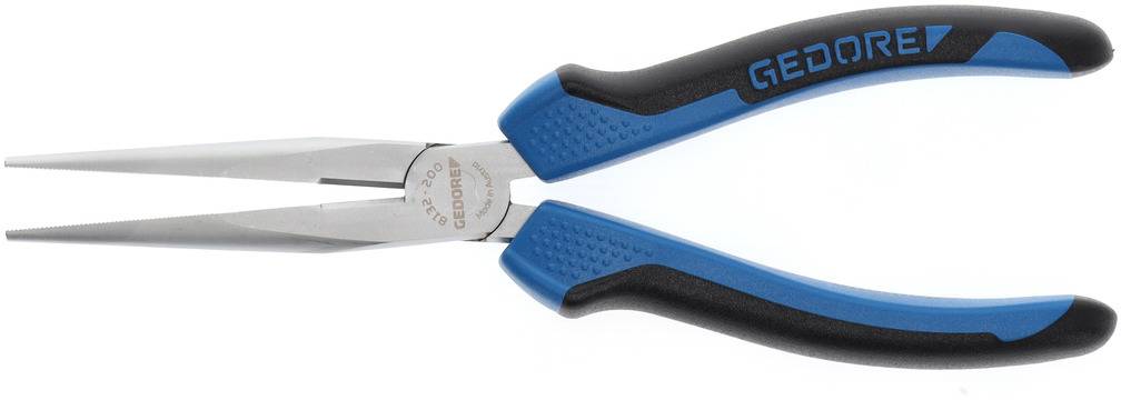 Szczypce o ostrej końcówce z niebieskimi i czarnymi uchwytami leżą na białym tle.