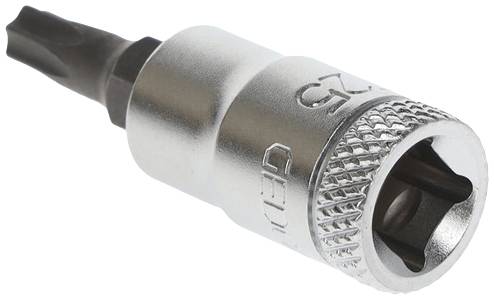 Srebrny klucz nasadowy z czarnym bitem na jednym końcu. Używany do dokręcania lub odkręcania śrub.