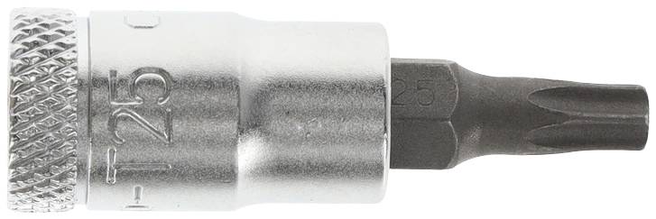Metalowy bit Torx T25 z sześciokątnym chwytem. Używany do prac śrubowych w budownictwie meblowym lub elektrycznym.