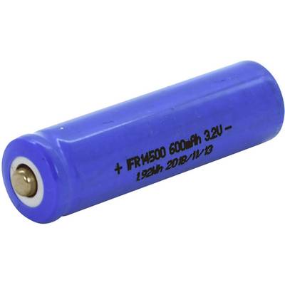 Niebieska cylindryczna bateria z napisem '+ FR14500 600mAh 3.2V'. Jest używana głównie w urządzeniach elektronicznych.