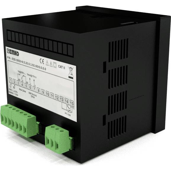 Czarne urządzenie elektryczne z kilkoma zielonymi złączami i etykietą z informacjami technicznymi oraz symbolami z przodu.