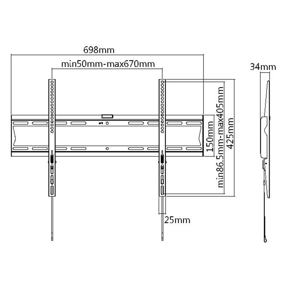 Rysunek techniczny uchwytu ściennego do telewizora z wymiarami w milimetrach. Podane są wysokość, szerokość, głębokość oraz zakres regulacji.