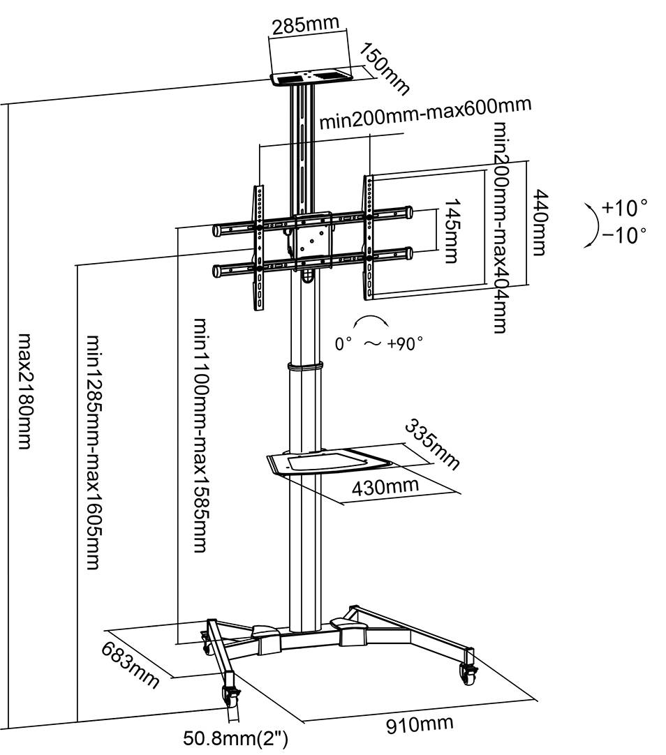 My Wall HP105L Stojak na kółkach do telewizora 94,0 cm (37") - 177,8 cm (70") Uchylny, Przenośny-4