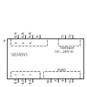 Schemat elektryczny z logo Siemensa, przedstawiający połączenia wejściowe i wyjściowe, zakres napięcia '100...240V AC', interfejs RS485.