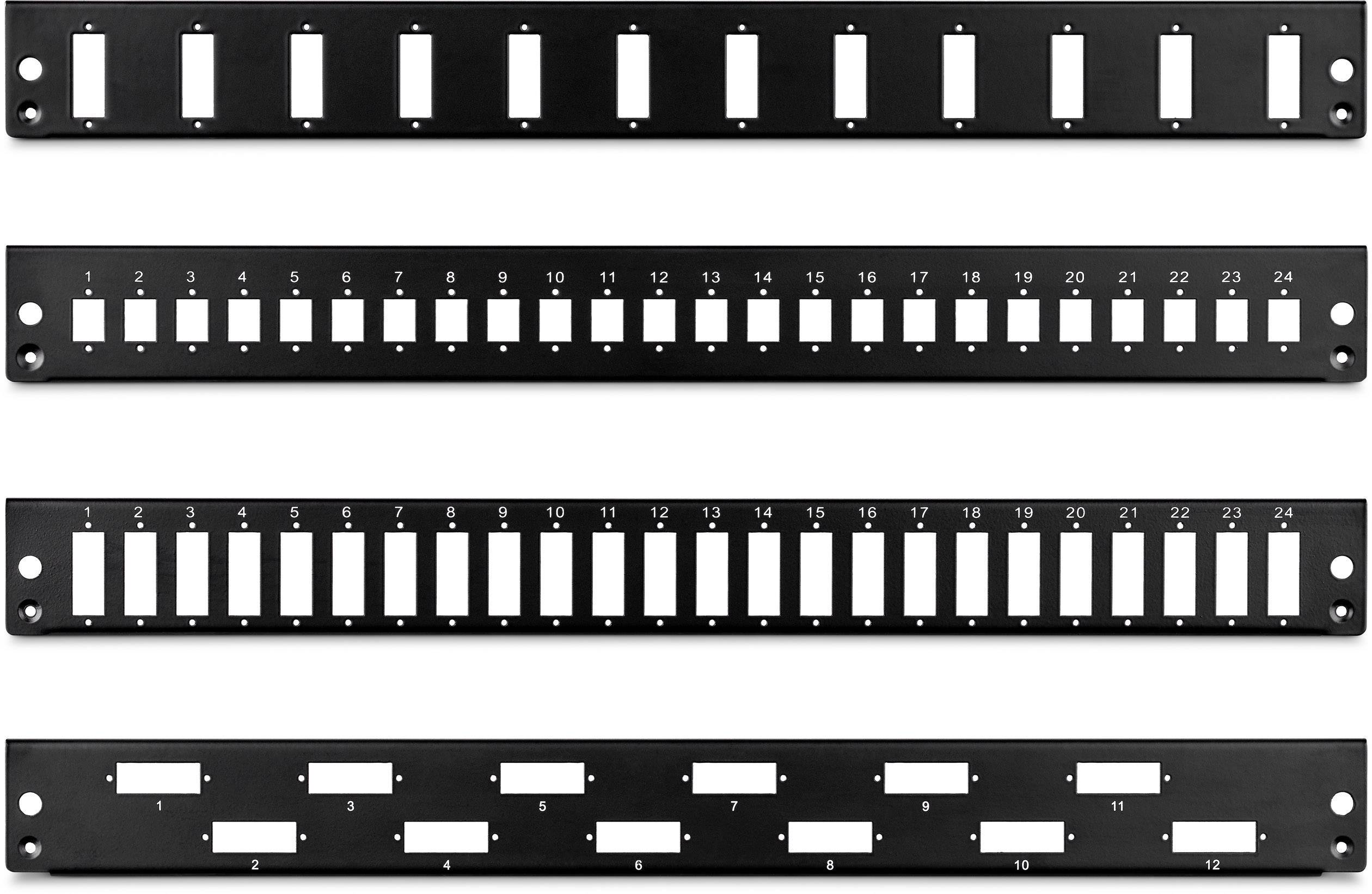 Cztery czarne ramki patch paneli do okablowania sieciowego, każda z ponumerowanymi slotami. Górna z 16, poniżej 24, następnie 12, a na dole 8.