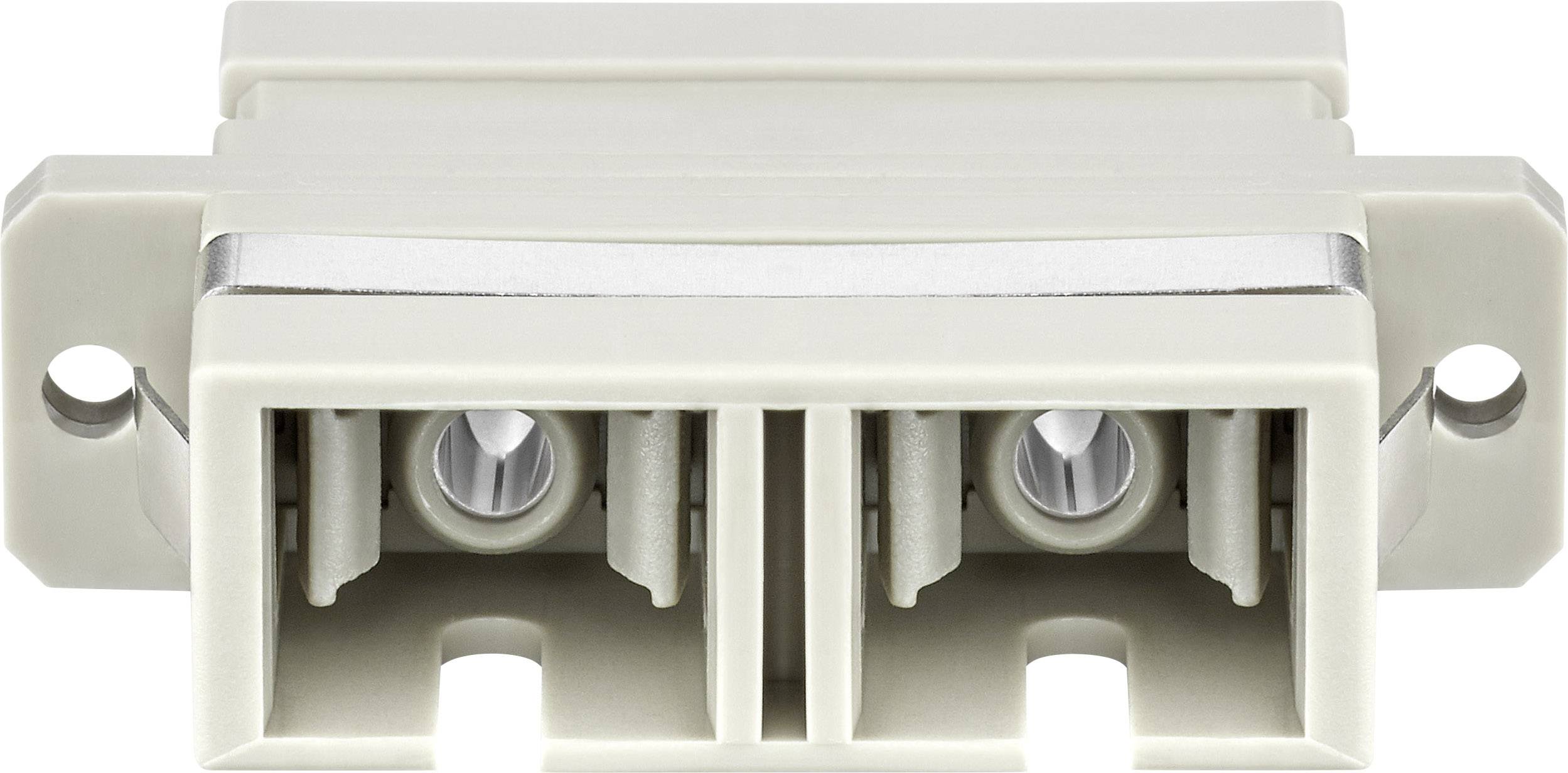 Dwuportowy sprzęgacz światłowodowy LC-LWL w kolorze beżowym do połączeń światłowodowych, z gniazdami optycznymi z przodu.