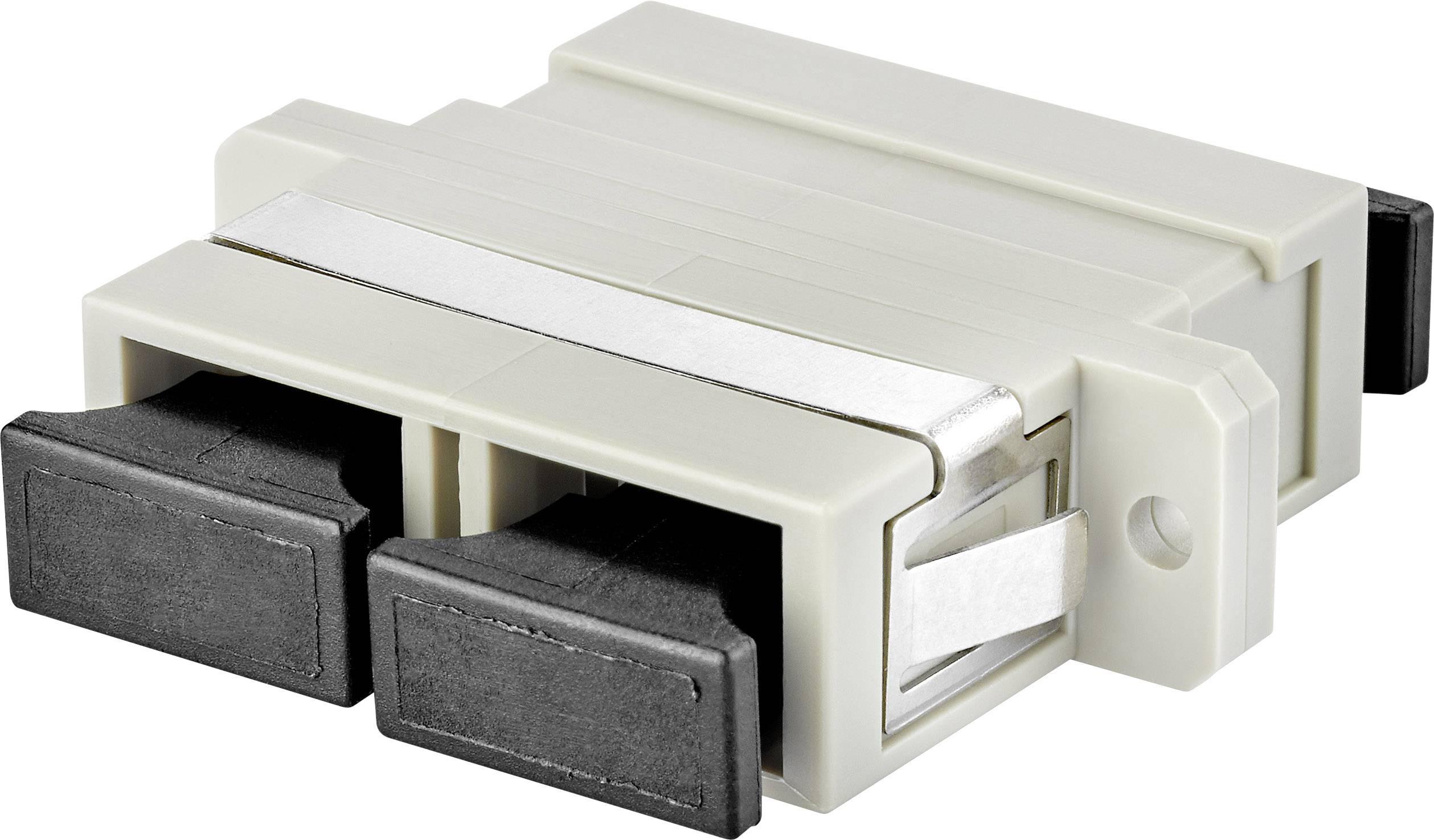 Jasnoszara część zamienna wykonana z materiału mechanicznego, wyposażona w dwa czarne złącza z jednej strony.