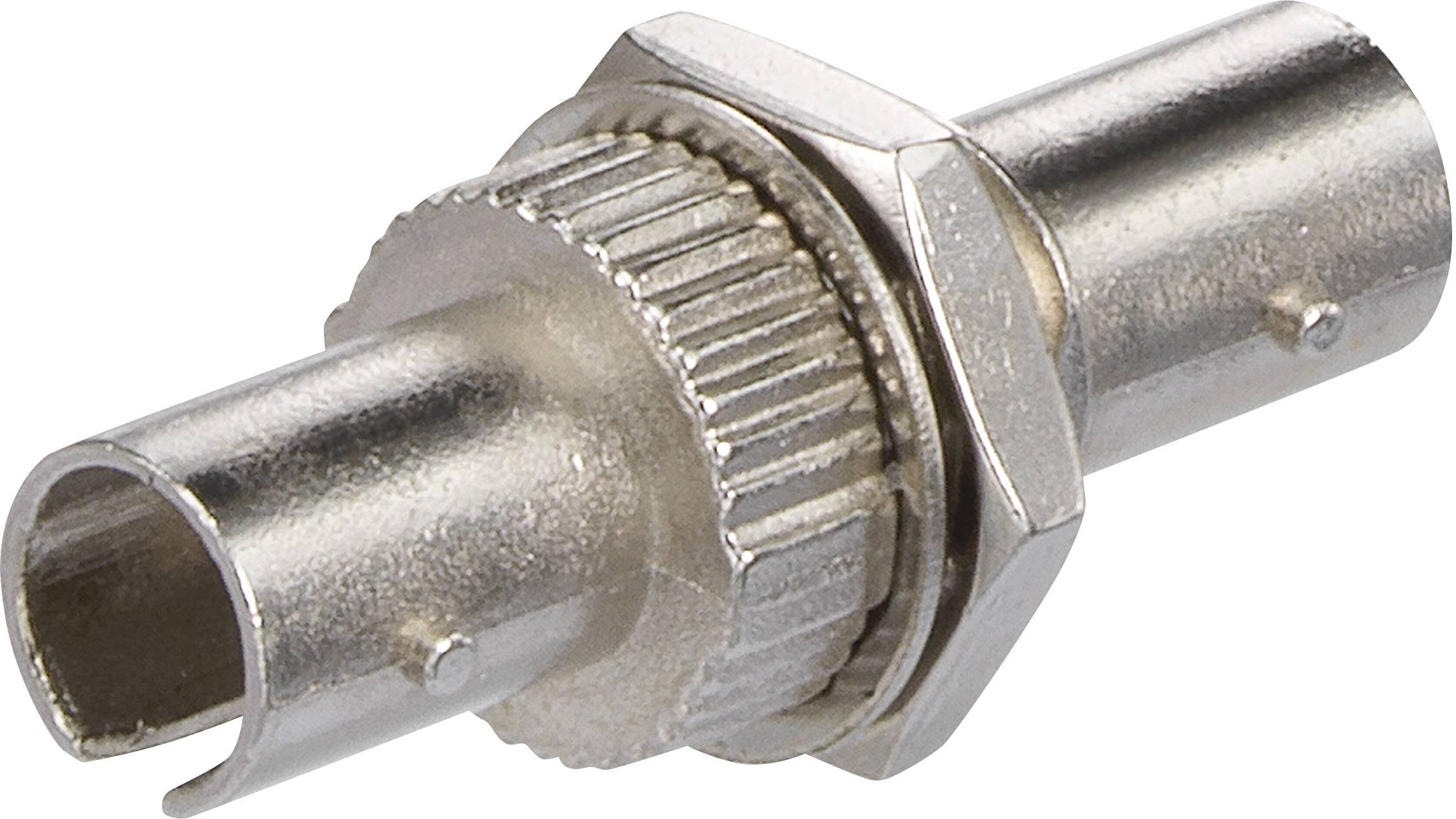 Srebrny adapter koaksjalny RF z sześciokątną nakrętką i prążkowanym uchwytem, typowy dla połączeń antenowych.