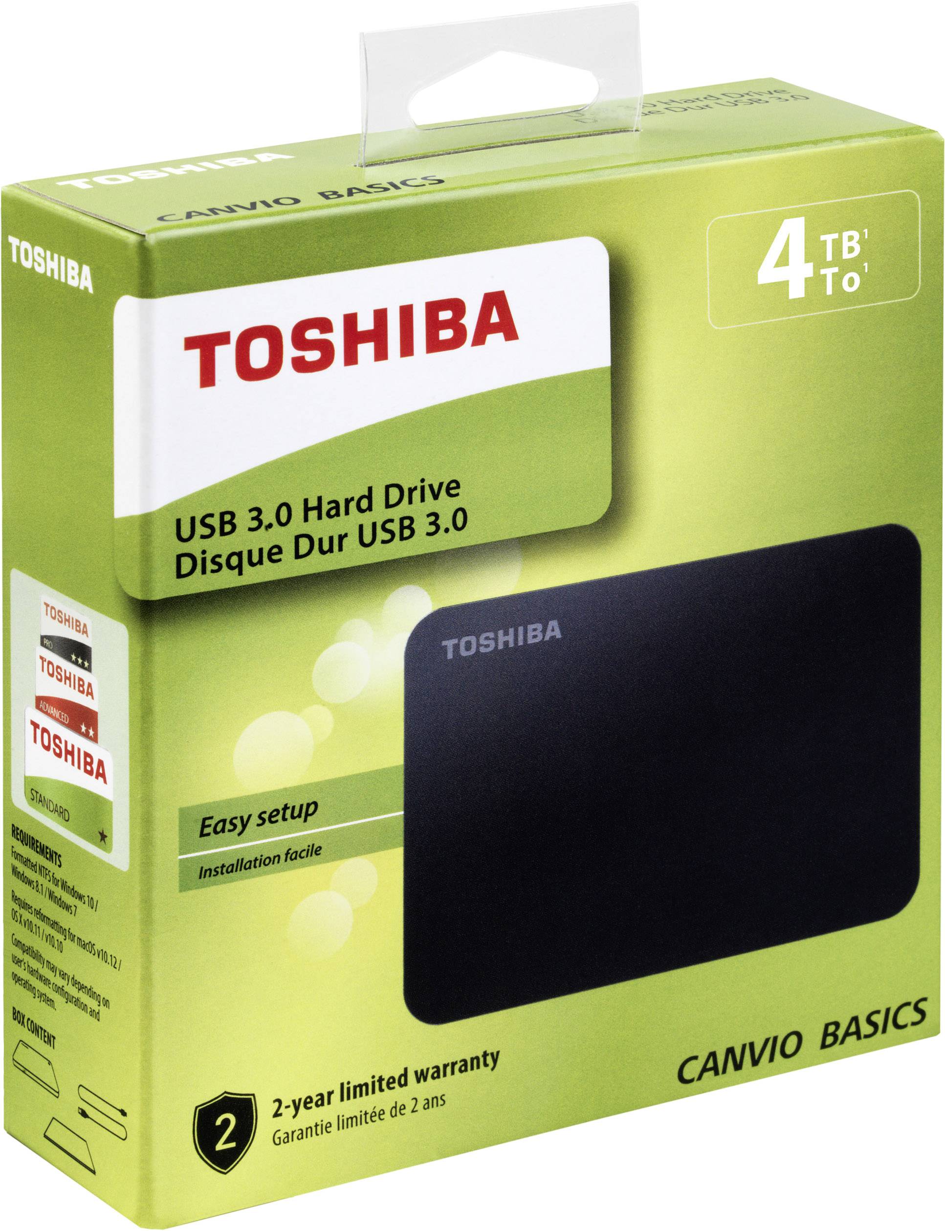 Zewnętrzny dysk twardy Toshiba o pojemności 4 TB, z interfejsem USB 3.0, łatwy w konfiguracji; opakowanie potwierdza 2-letnią gwarancję.