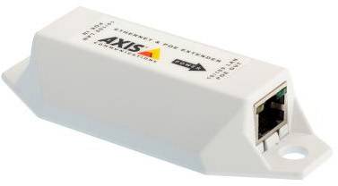 Przedłużacz Ethernet do PoE firmy AXIS, białe urządzenie z interfejsem sieciowym, służące do przedłużania sygnałów sieciowych przez Ethernet.