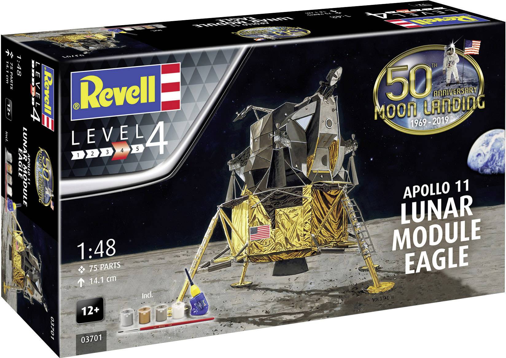 Zestaw modelarski Revell Apollo 11 Lunar Module Eagle, skala 1:48, 75 elementów. Od 12 lat. Motyw: lądownik księżycowy na powierzchni Księżyca.