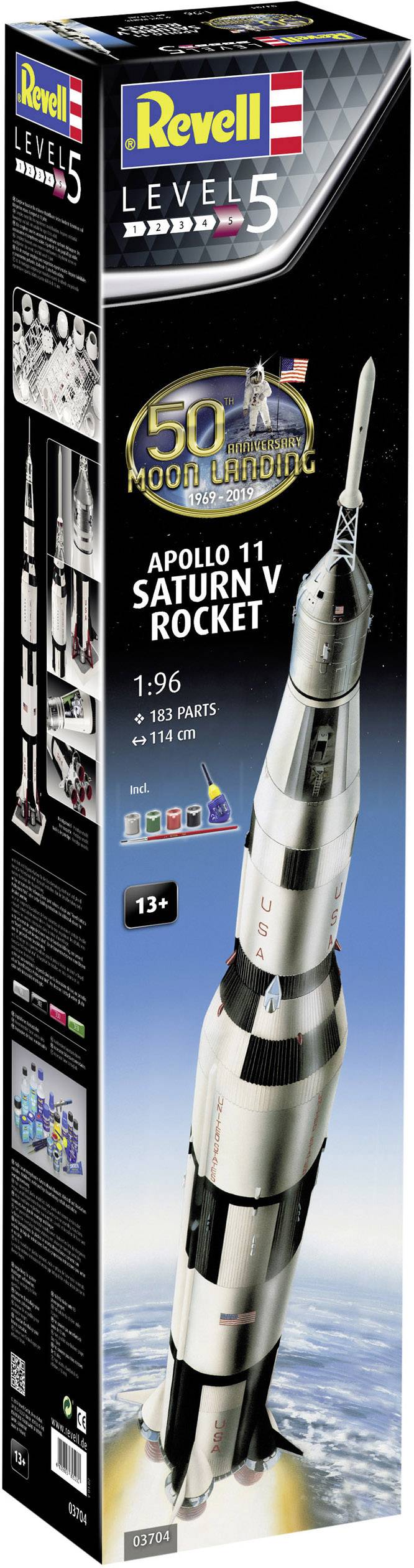 Pudełko zestawu modelarskiego rakiety Saturn V Apollo 11 firmy Revell, skala 1:96, przeznaczony dla osób powyżej 13 roku życia. Zawiera 183 elementy.