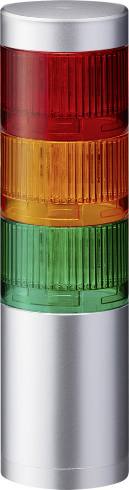 Trójkolorowa lampa ostrzegawcza z czerwonymi, pomarańczowymi i zielonymi światłami ułożonymi jedna nad drugą w srebrnej obudowie.