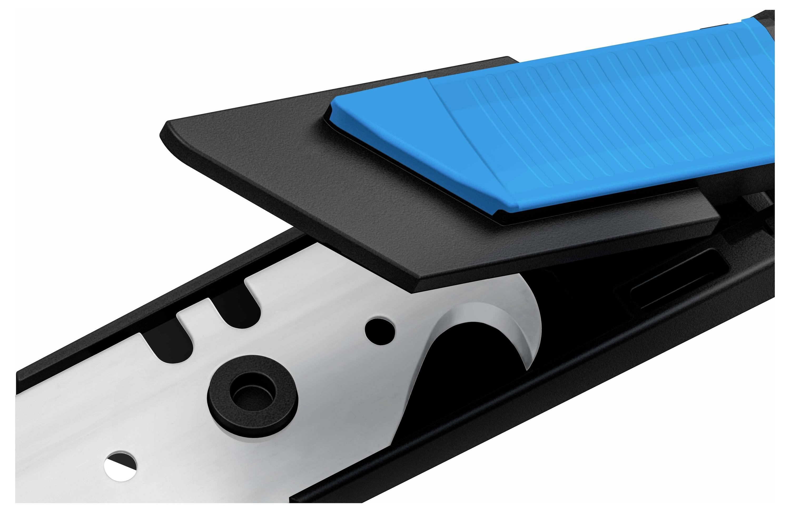 Zbliżenie niebieskiego gumowego pedału zamontowanego na metalowym mechanizmie, ukazujące szczegóły techniczne i strukturę.