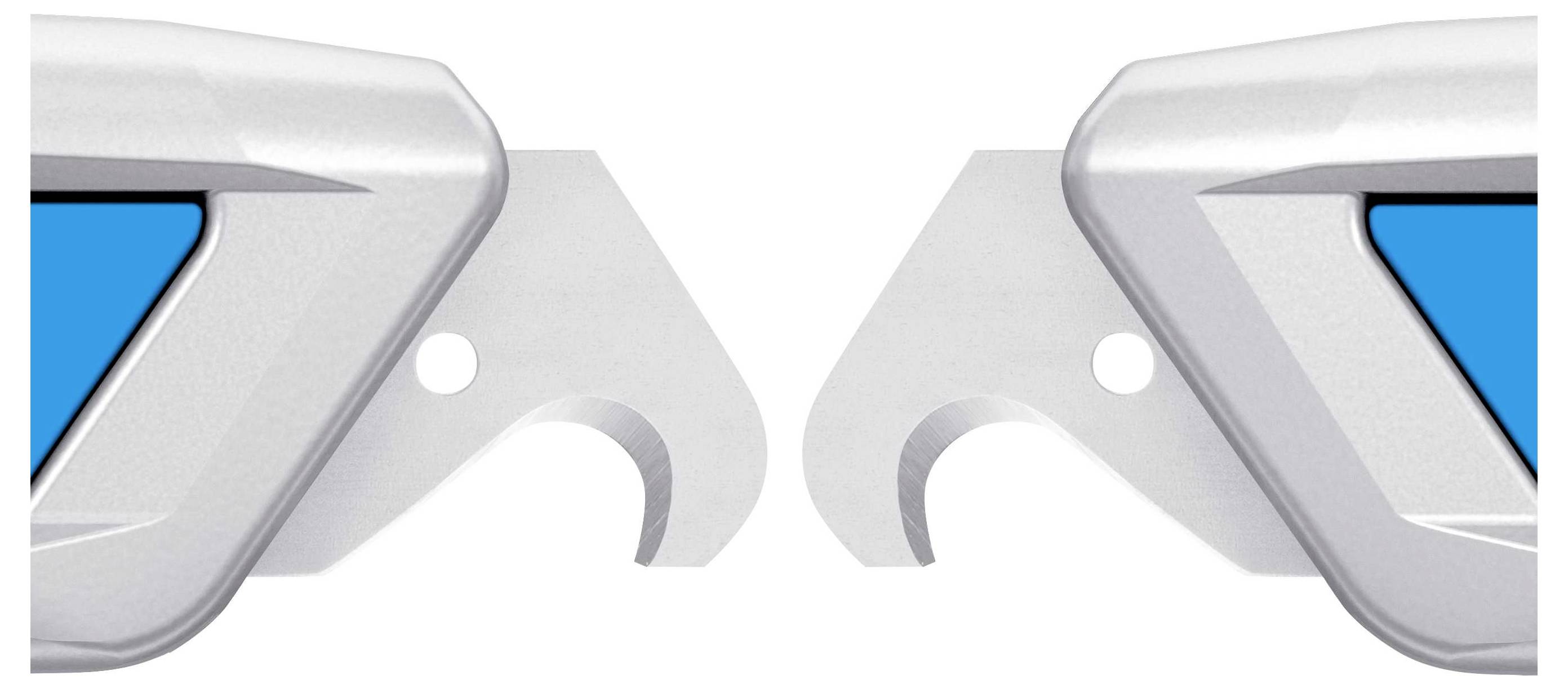 Dwa symetryczne, stylizowane haki metalowe zwrócone są ku sobie. Niebieskie tło jest zintegrowane z kształtami.