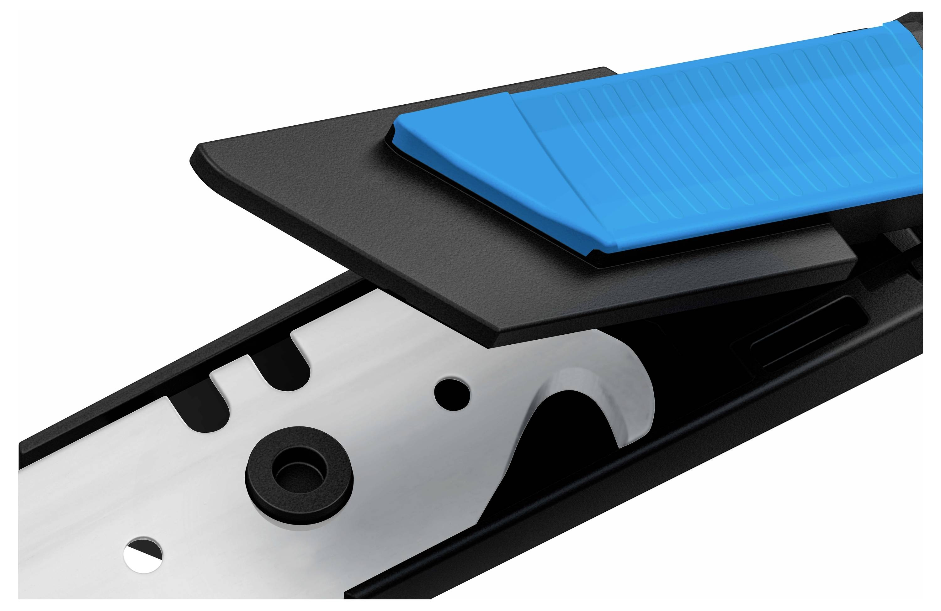 Zbliżenie mechanicznego elementu z niebieską i czarną osłoną, zasłaniającego metalowy element z otworem.