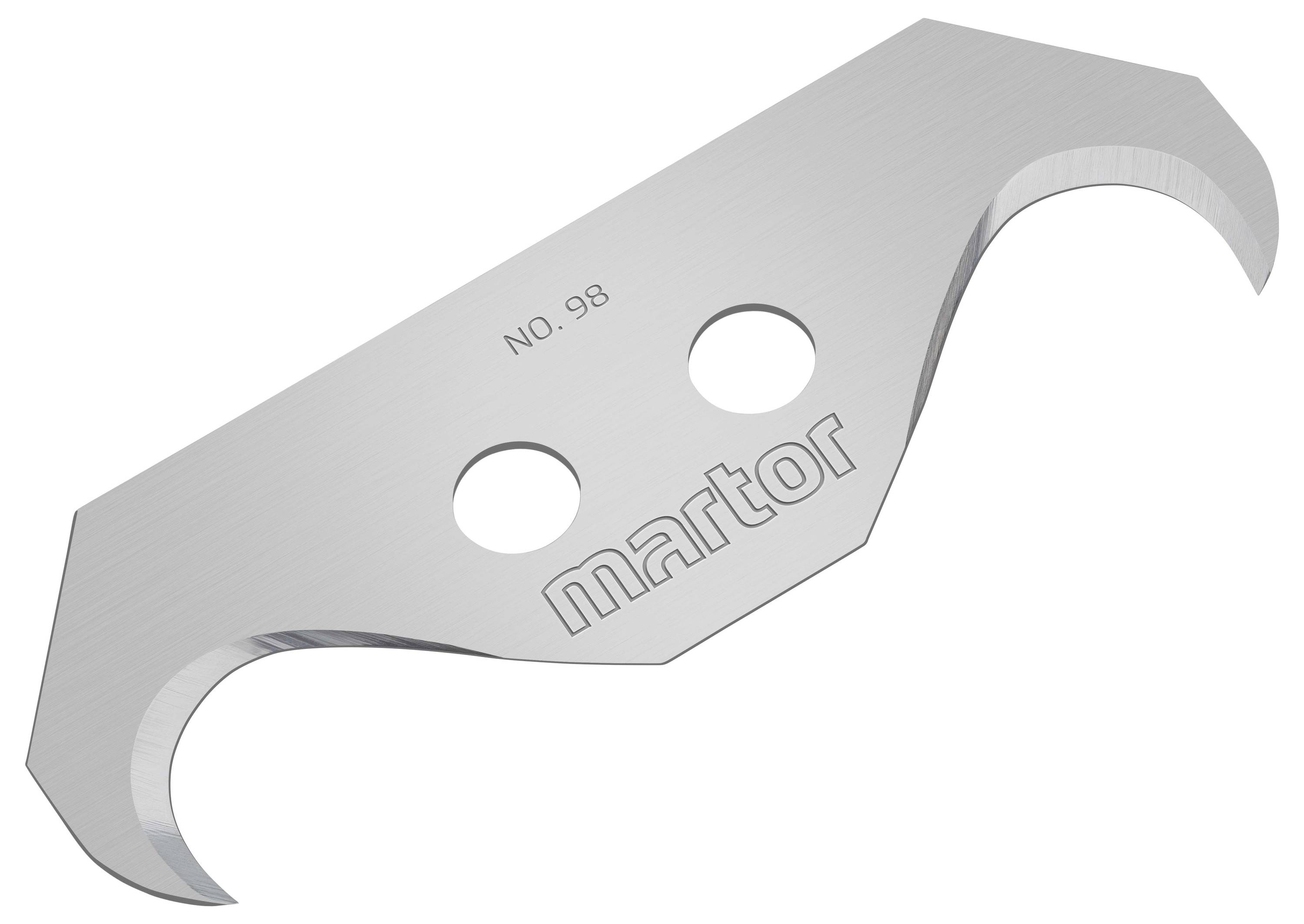 Srebrny nóż z wymiennymi ostrzami z dwoma okrągłymi otworami, z napisem 'martor' oraz 'NO. 98'.
