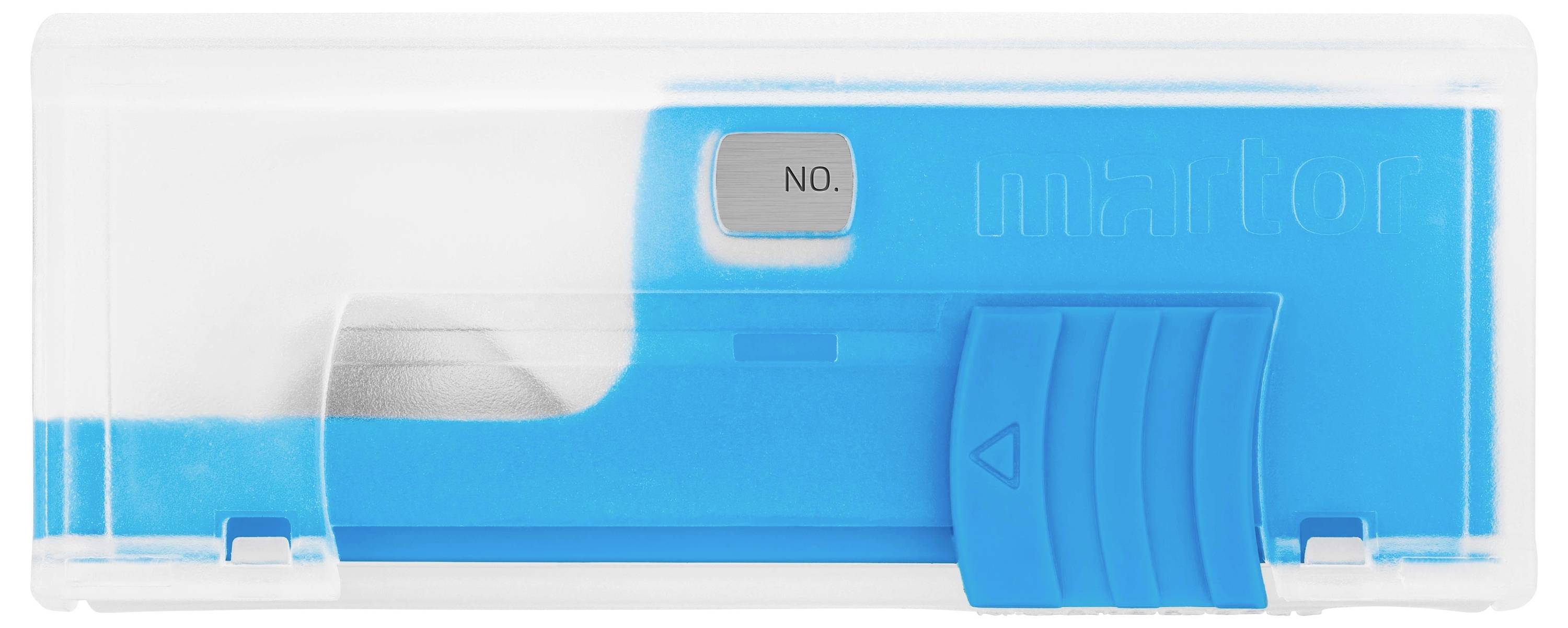 Niebieski i biały korektor w roller z przesuwnym uchwytem i przyciskiem 'NO', używany do zakrywania błędów tekstu na papierze.