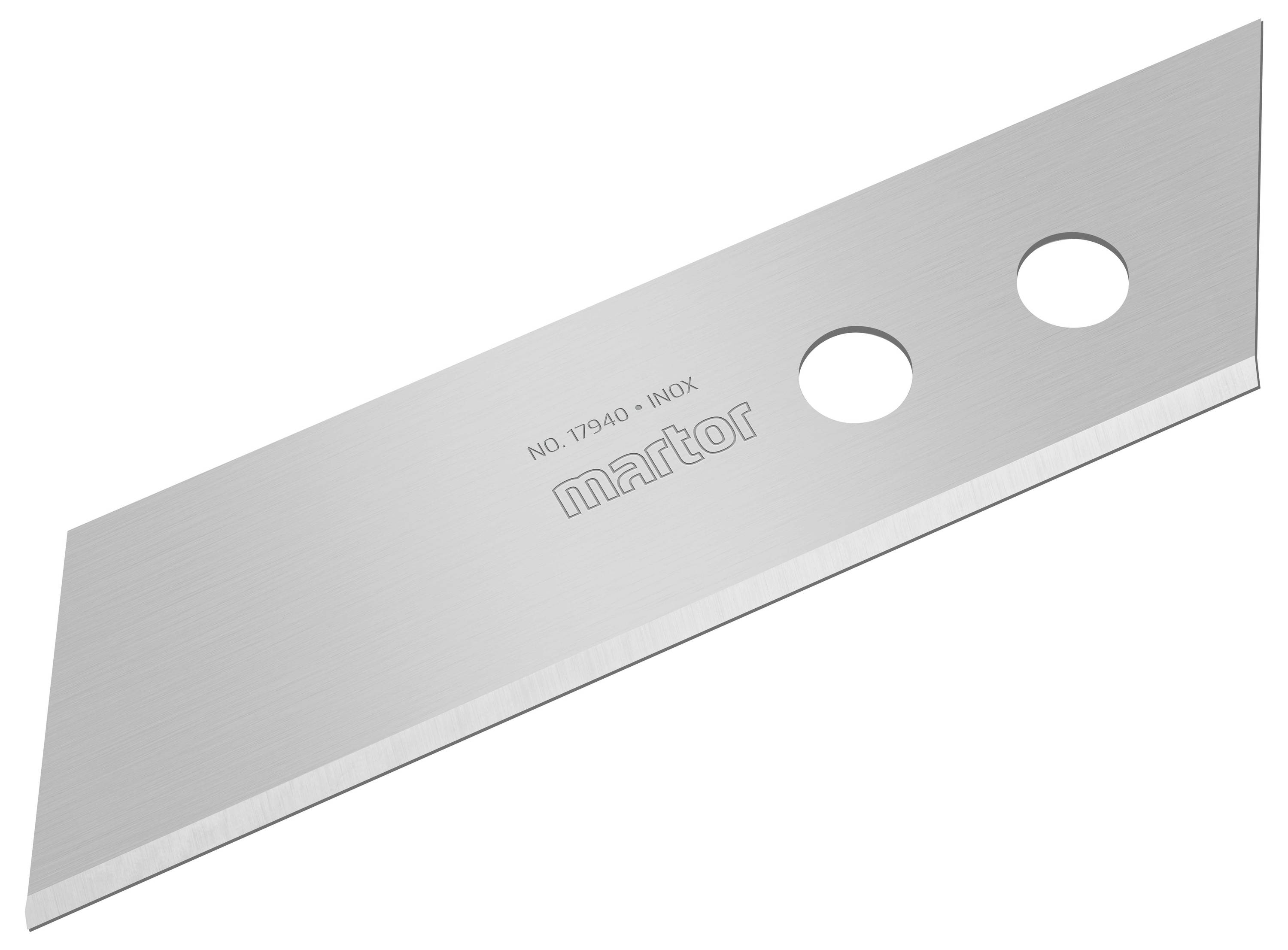 Srebrny nóż wymienny Martor z dwoma otworami z napisem 'NO. 17940 INOX'.