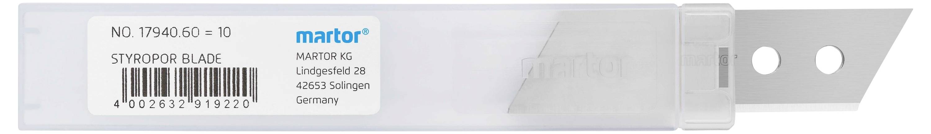 Opakowanie ostrza 'Synograph Blade' z danymi adresowymi i kodem kreskowym.