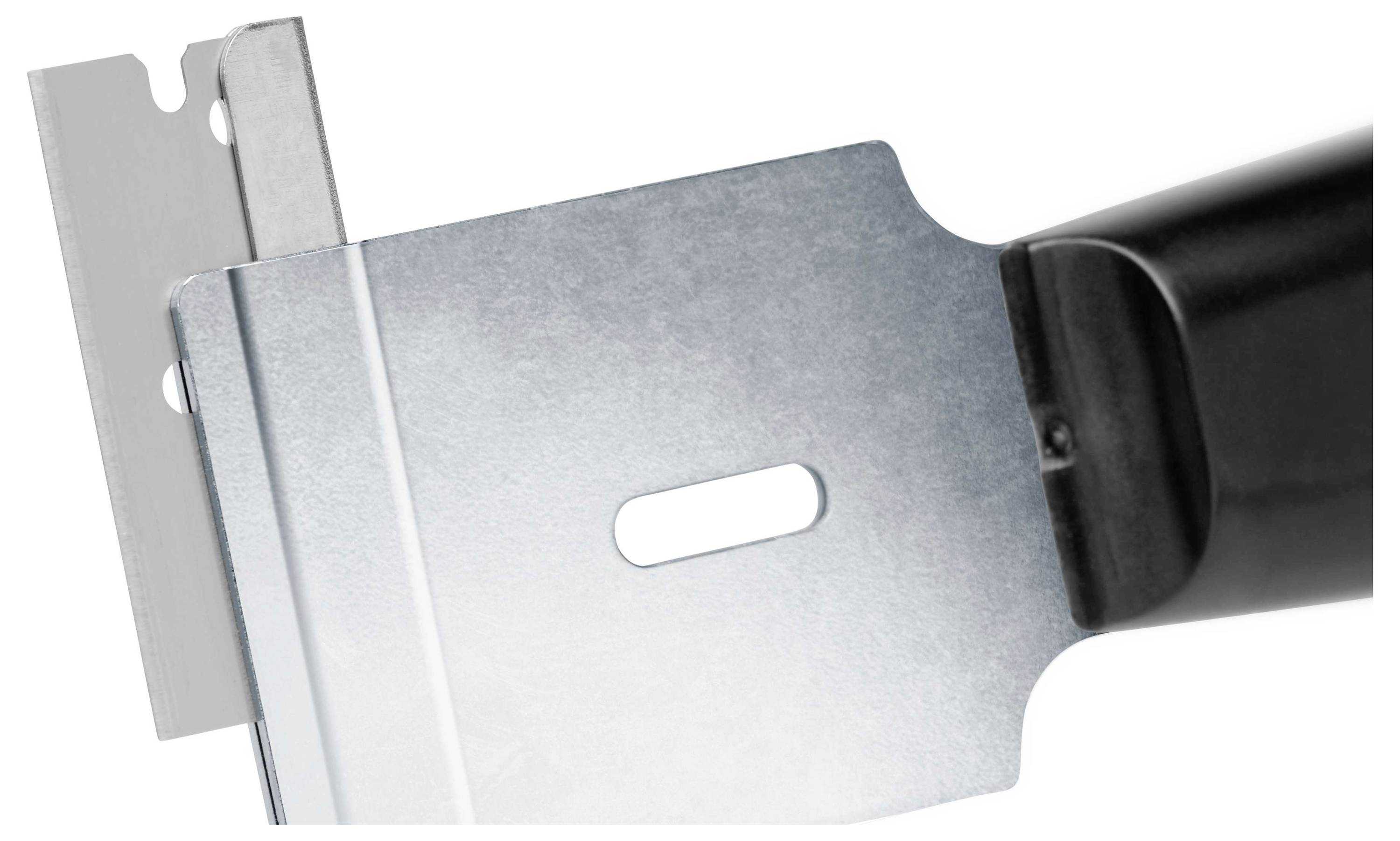 Skrobak metalowy z czarną rękojeścią i wymiennym ostrzem, używany do usuwania farb lub naklejek z gładkich powierzchni.