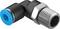 Złącze L z niebieskim uszczelnieniem i metalowym gwintem, powszechnie stosowane w systemach pneumatycznych.