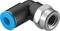 Czarno-srebrny element złączny kątowy z niebieskim zakończeniem, stosowany do łączenia przewodów w systemach pneumatycznych.