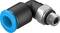 Czarno-niebieskie kątowe złącze rurowe z tworzywa sztucznego z gwintem metalowym, przeznaczone do stosowania w systemach pneumatycznych.