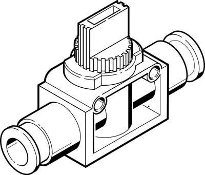 Rysunek techniczny prostokątnego zaworu z przyłączami rurowymi po obu stronach oraz żebrowanym otworem wlotowym u góry.